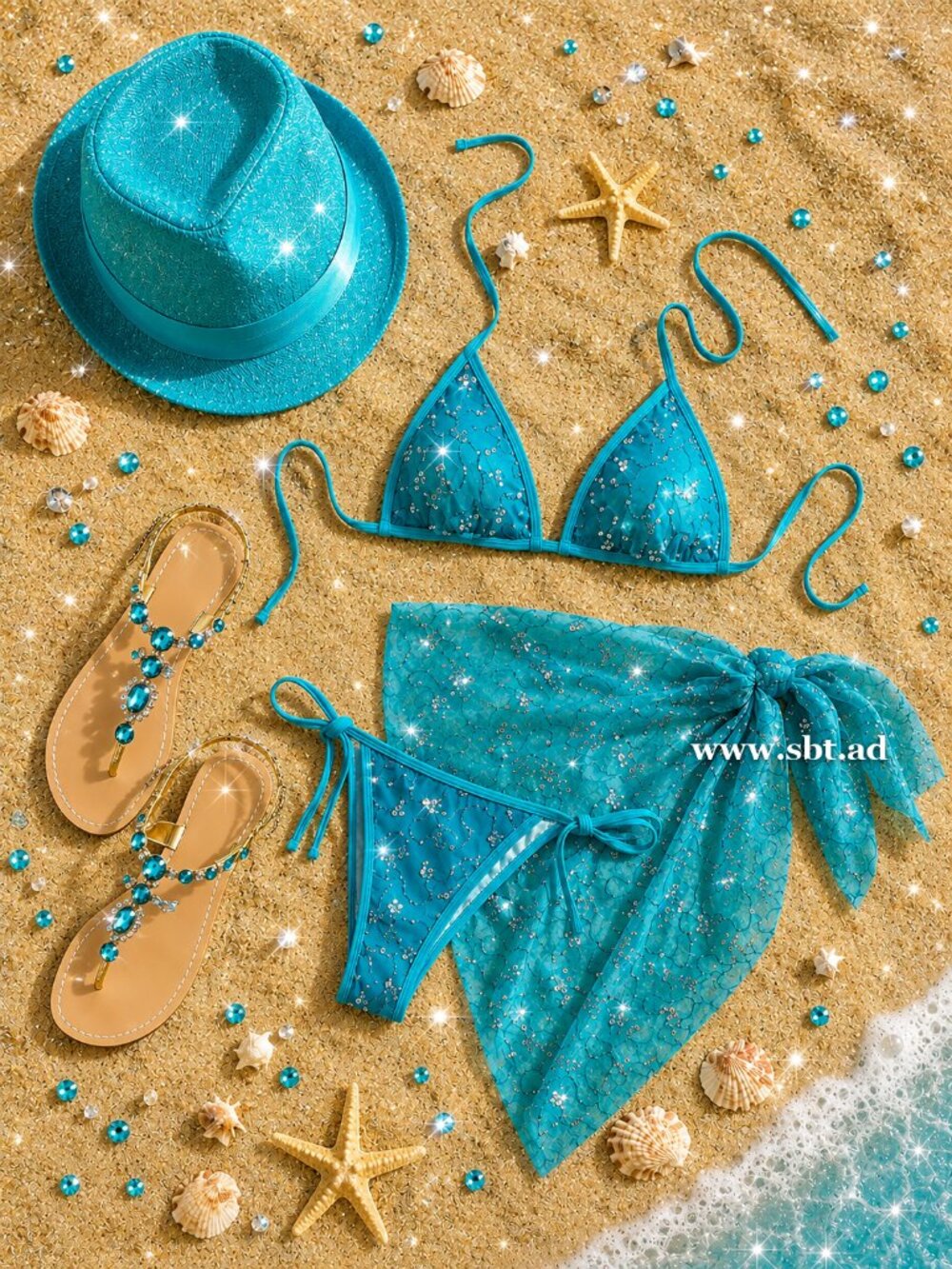 NEW Turquoise Sequin Bikini Sparkling Bling Swimsuit & Rhinestone Sandals +Gift - Picture 12 of 14